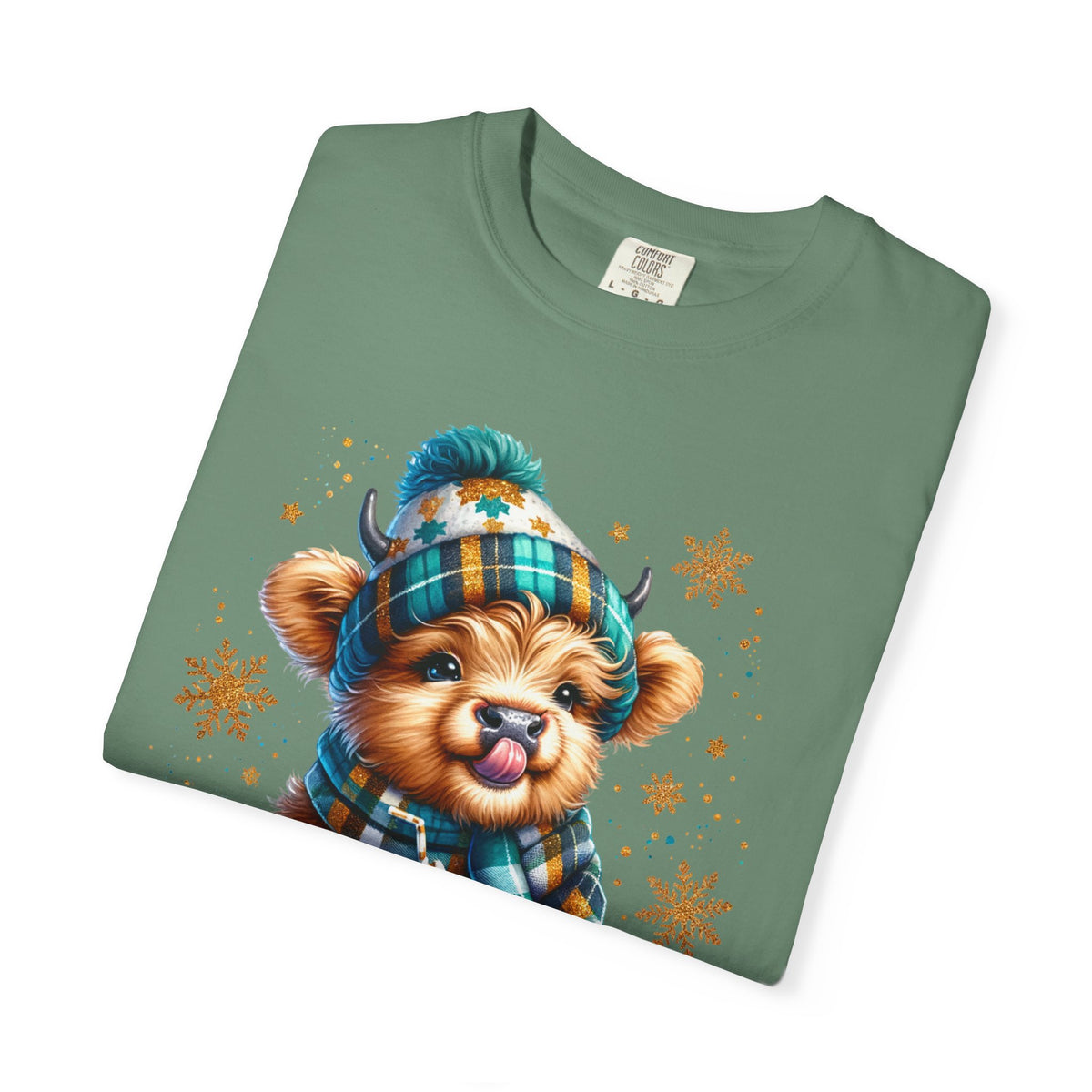 Winter Baby Highland Cow with Cocoa  - Comfort Colors | Trendy Women's T-Shirt. Direct to Garment. Printed & Shipped in the USA. Unisex Sizes.
