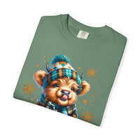 Winter Baby Highland Cow with Cocoa  - Comfort Colors | Trendy Women's T-Shirt. Direct to Garment. Printed & Shipped in the USA. Unisex Sizes.