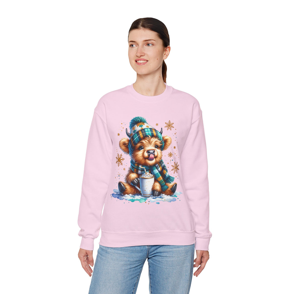 Winter Baby Highland Cow with Cocoa – Gildan Heavy Blend | Trendy Women’s Soft Sweatshirt. Direct to Garment. Printed & Shipped in the USA. Unisex Sizes.