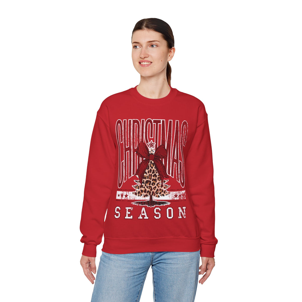 Christmas Season Leopard Tree Distressed – Gildan Heavy Blend | Trendy Women’s Soft Sweatshirt. Direct to Garment. Printed & Shipped in the USA. Unisex Sizes.