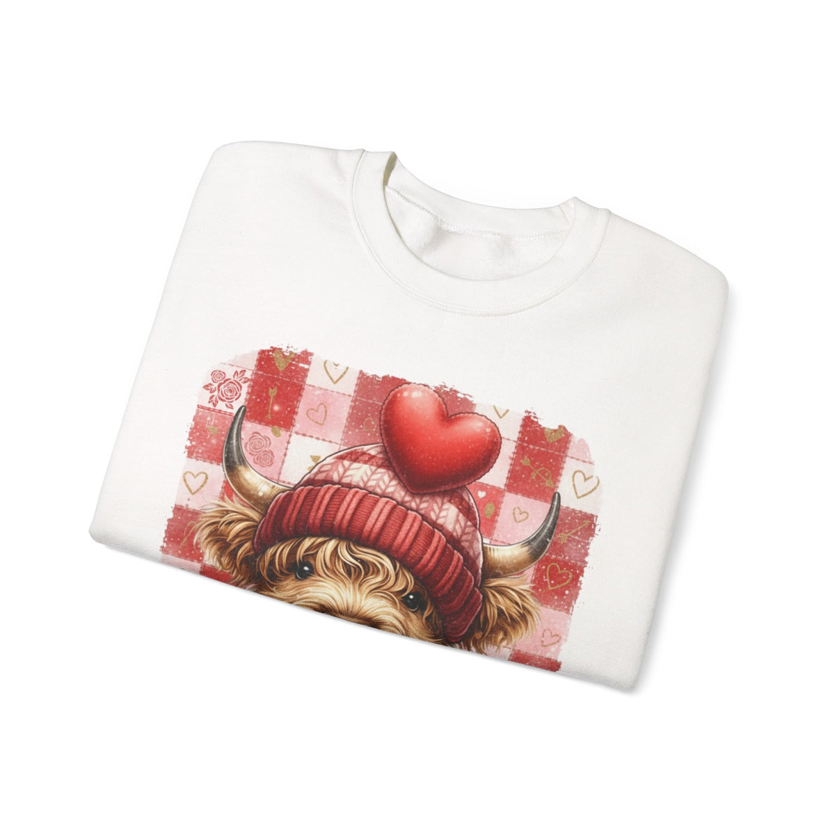 Highland Cow Be Mine, Red Checkered – Gildan Heavy Blend | Trendy Women’s Soft Sweatshirt. Direct to Garment. Printed & Shipped in the USA. Unisex Sizes.