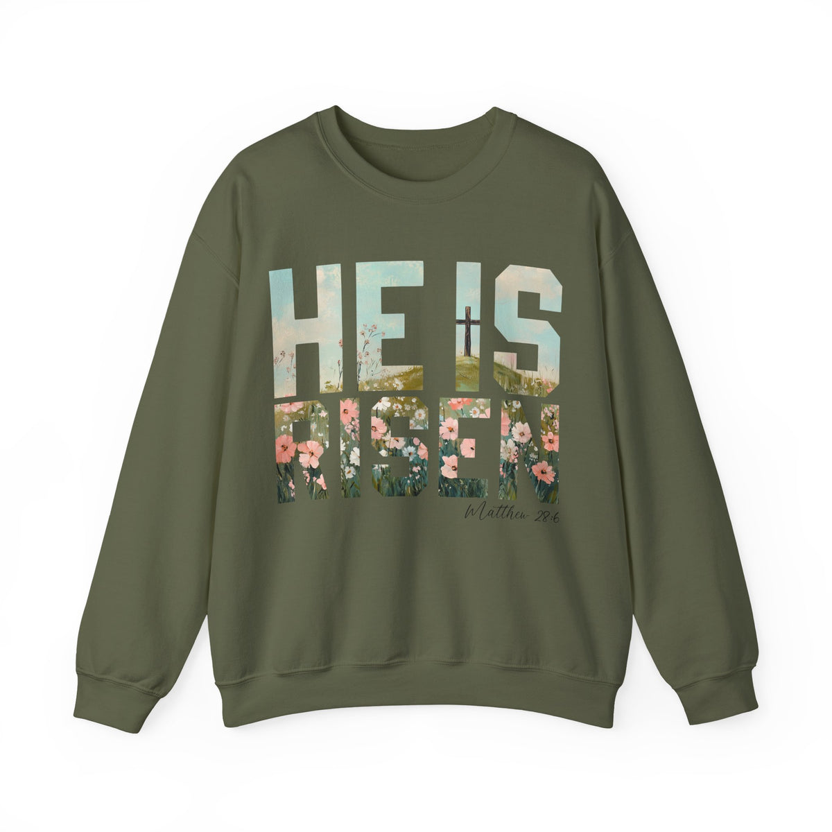 He Is Risen, Christian Floral Easter – Gildan Heavy Blend | Trendy Women’s Soft Sweatshirt. Direct to Garment. Printed & Shipped in the USA. Unisex Sizes.