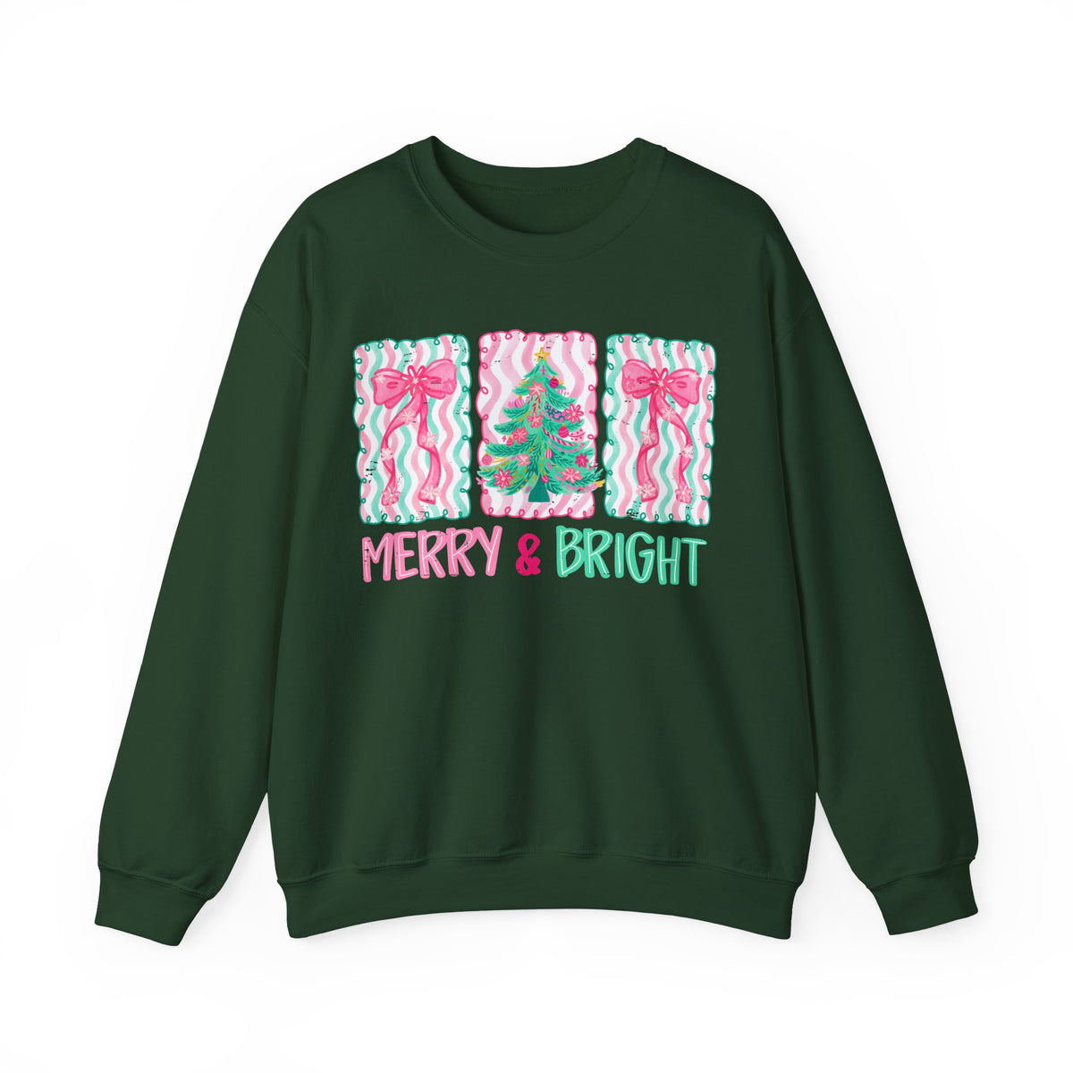 Merry & Bright Christmas - Pink & Green Holiday Tree Design – Gildan Heavy Blend | Trendy Women’s Soft Sweatshirt. Direct to Garment. Printed & Shipped in the USA. Unisex Sizes.