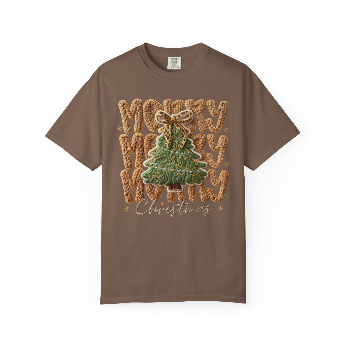 Merry Merry Merry Christmas, Faux Latch Hook Yarn - Comfort Colors | Trendy Women's T-Shirt. Direct to Garment. Printed & Shipped in the USA. Unisex Sizes.