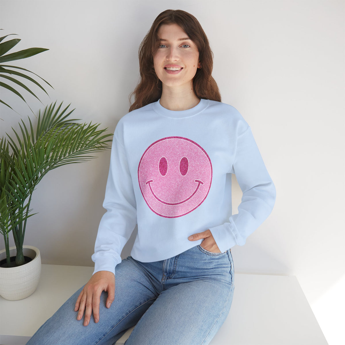 Glitter Smiley – Gildan Heavy Blend | Trendy Women’s Soft Sweatshirt. Direct to Garment. Printed & Shipped in the USA. Unisex Sizes.