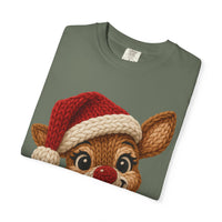 Cute Rudolph Faux Knit Look Reindeer w/Santa Hat - Comfort Colors | Trendy Women's T-Shirt. Direct to Garment. Printed & Shipped in the USA. Unisex Sizes.