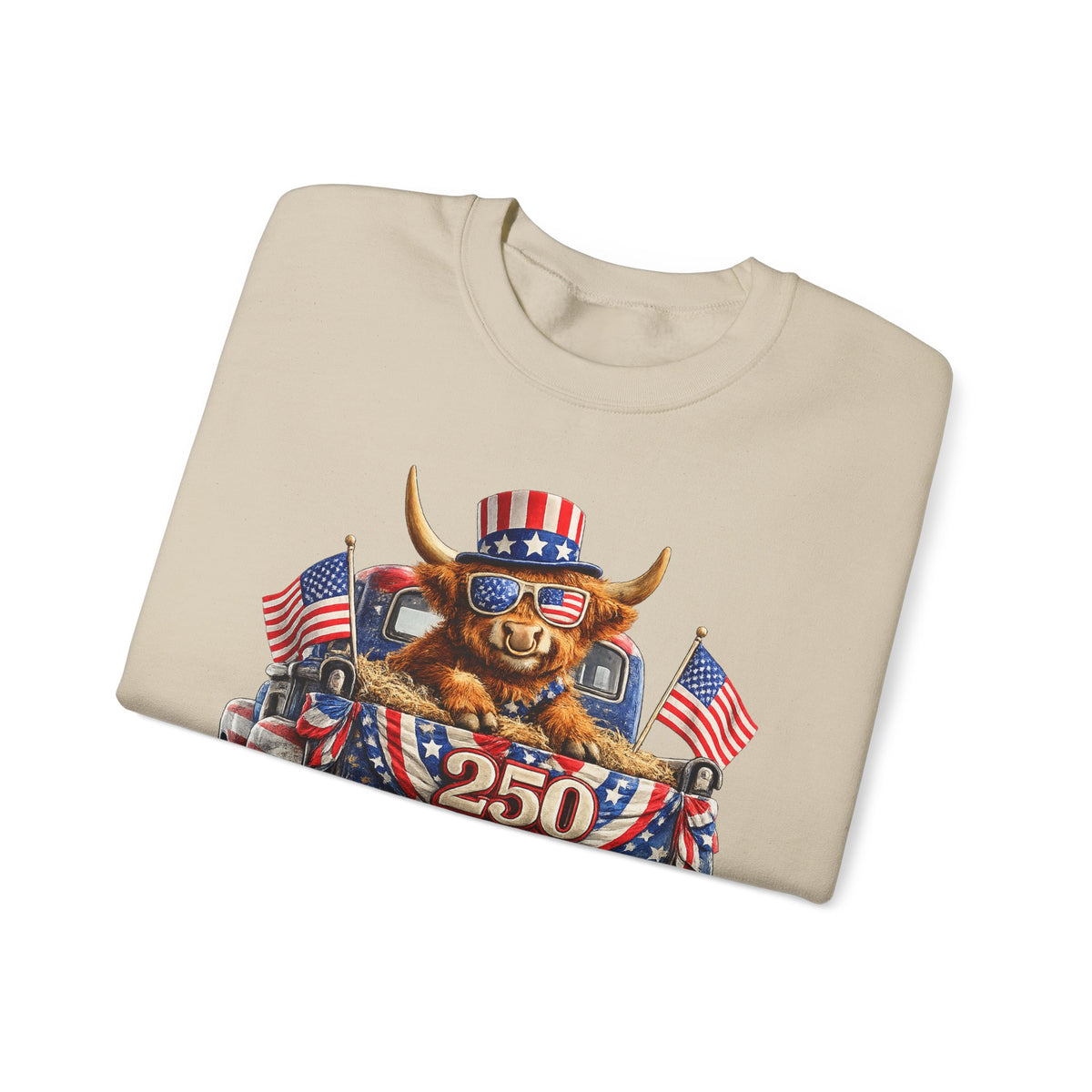 Patriotic Highland, America's 250th Birthday – Gildan Heavy Blend | Trendy Women’s and Men's Soft Sweatshirt. Direct to Garment. Printed & Shipped in the USA. Unisex Sizes.
