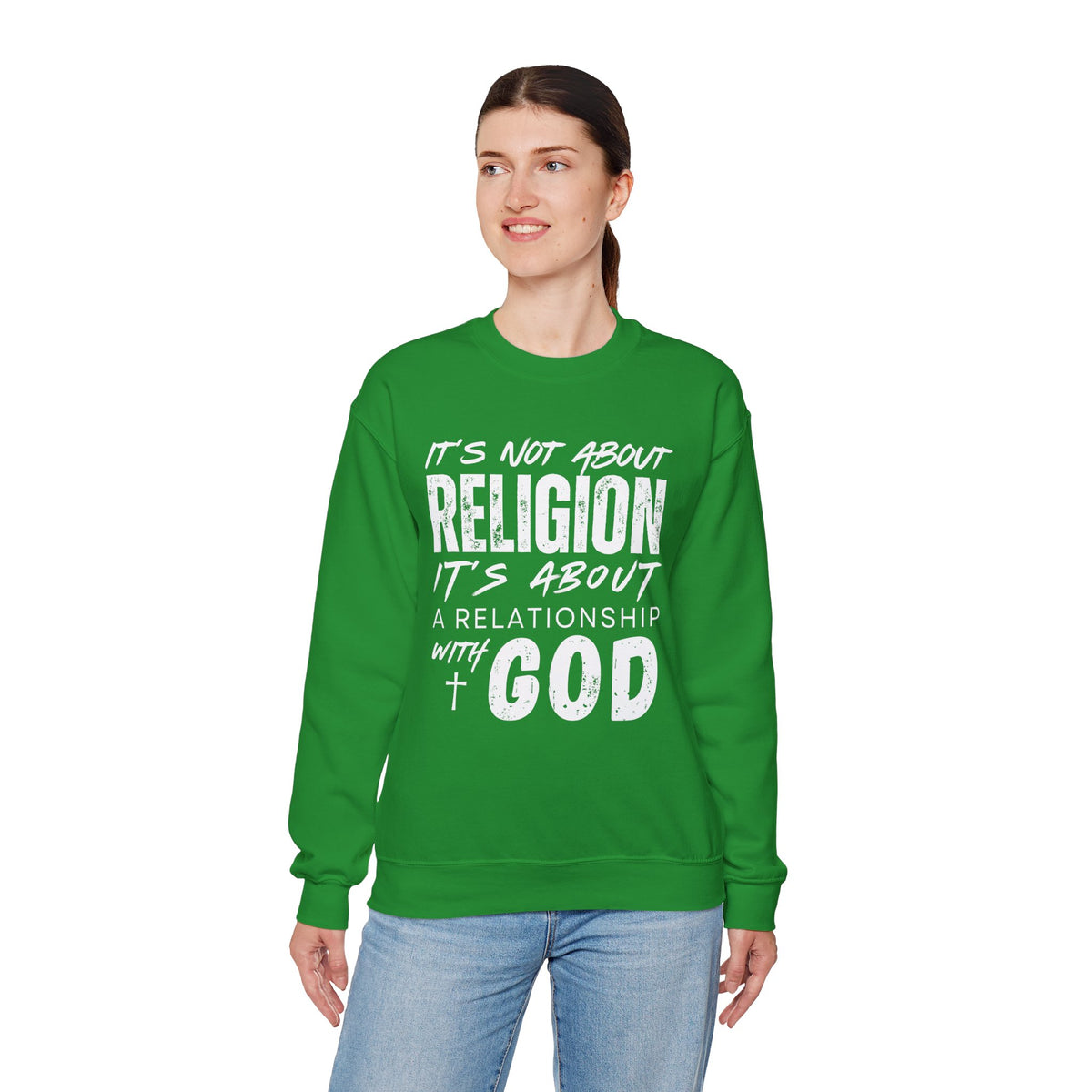 It's Not About Religion, It's About a Relationship with God – Gildan Heavy Blend | Trendy Men's and Women’s Soft Sweatshirt. Direct to Garment. Printed & Shipped in the USA. Unisex Sizes.