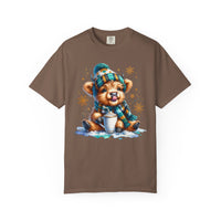 Winter Baby Highland Cow with Cocoa  - Comfort Colors | Trendy Women's T-Shirt. Direct to Garment. Printed & Shipped in the USA. Unisex Sizes.