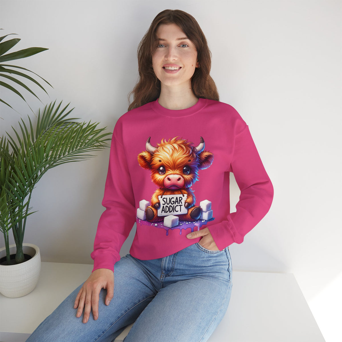 Sugar Addict Highland Cow – Gildan Heavy Blend | Trendy Women’s Soft Sweatshirt. Direct to Garment. Printed & Shipped in the USA. Unisex Sizes.