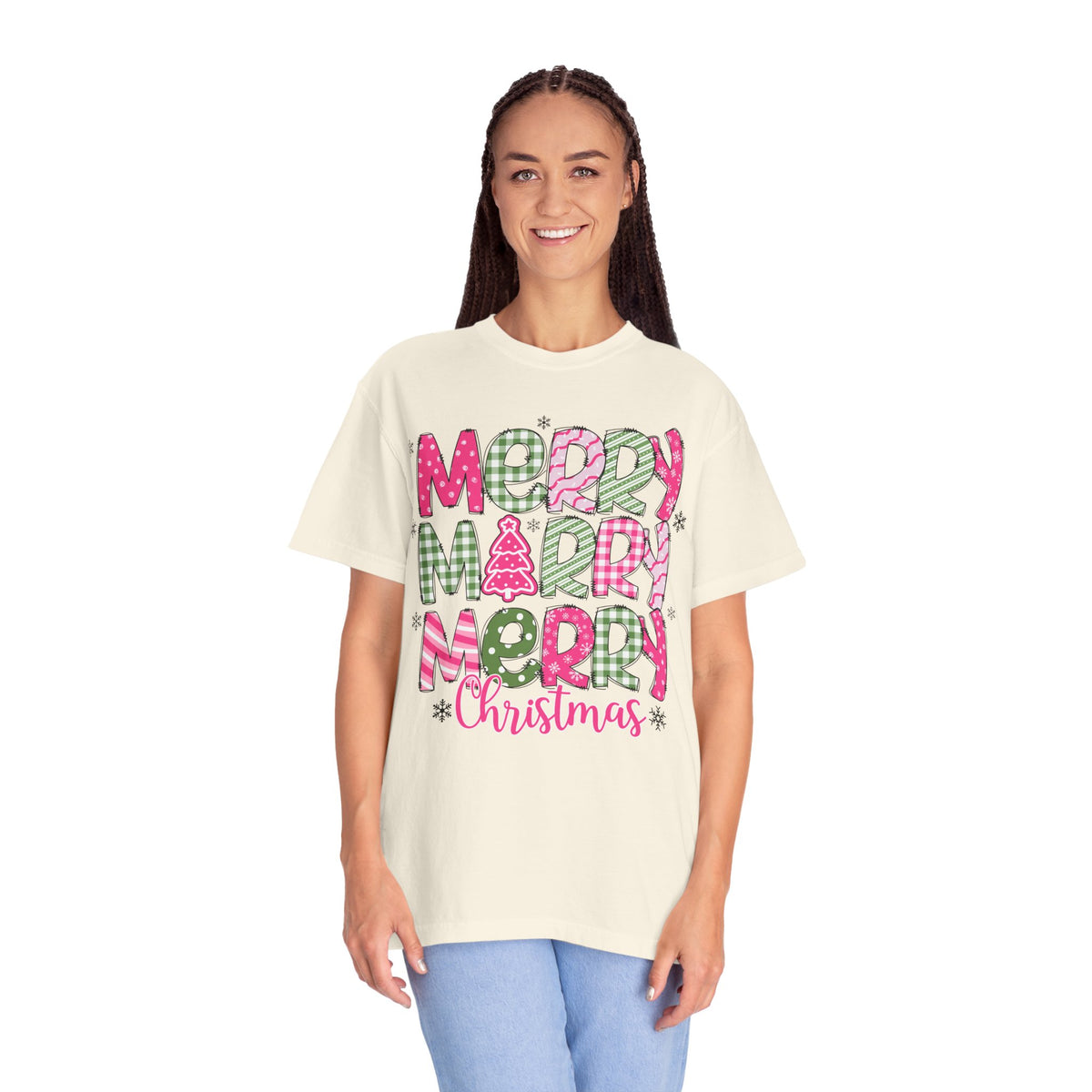Merry Merry Merry Christmas, Festive Candy Cane & Pink and Green Plaid - Comfort Colors | Trendy Women's T-Shirt. Direct to Garment. Printed & Shipped in the USA. Unisex Sizes.