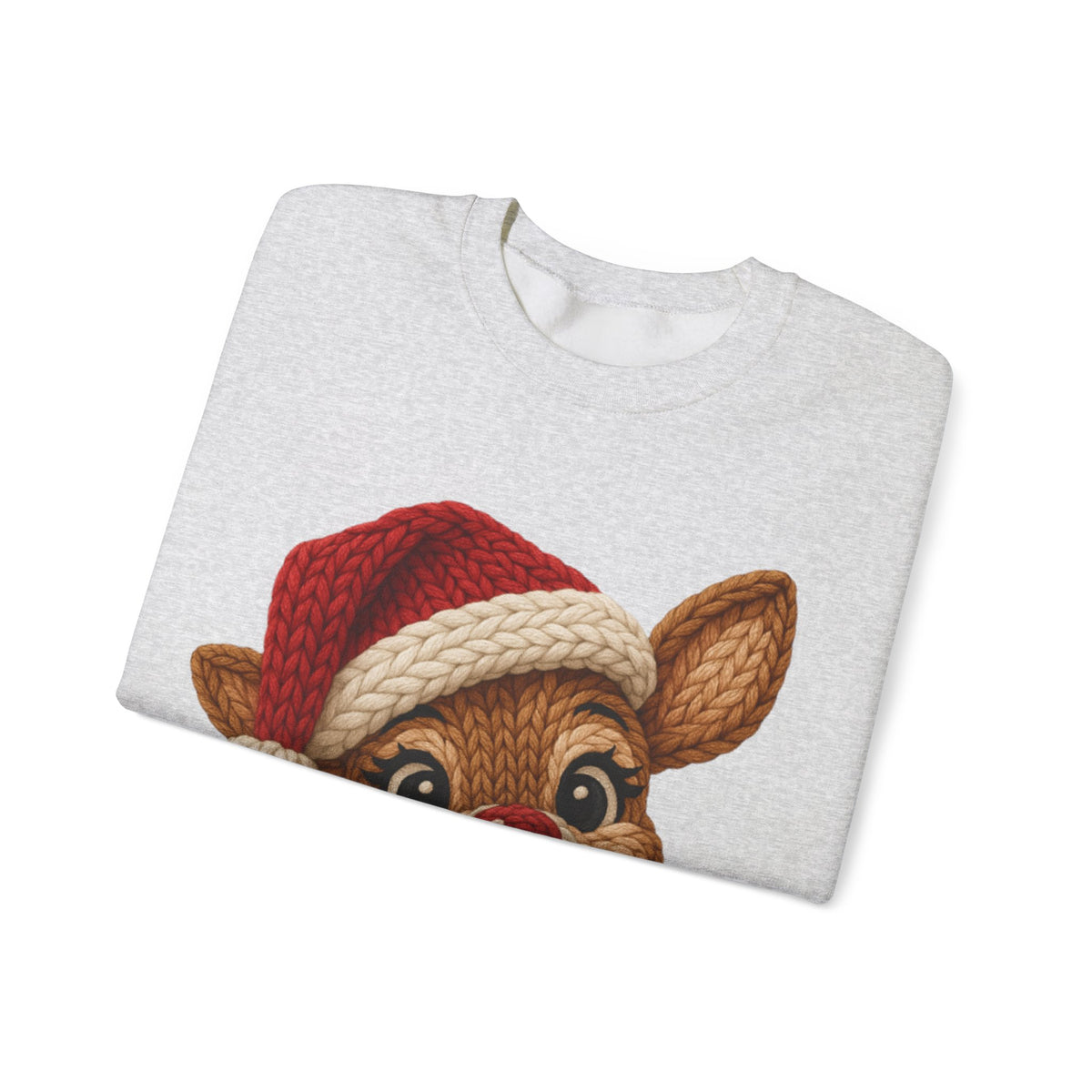 Cute Rudolph Faux Knit Look Reindeer w/Santa Hat – Gildan Heavy Blend | Trendy Women’s Soft Sweatshirt. Direct to Garment. Printed & Shipped in the USA. Unisex Sizes.
