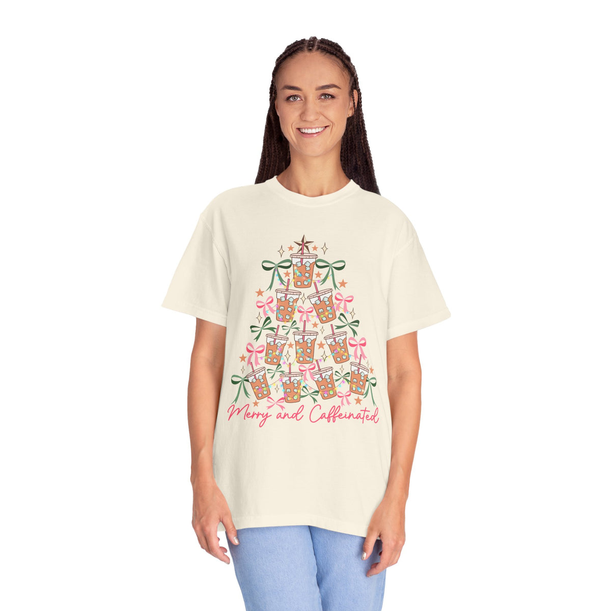 Merry and Caffeinated Iced Coffee Christmas Tree - Comfort Colors | Trendy Women's T-Shirt. Direct to Garment. Printed & Shipped in the USA. Unisex Sizes.