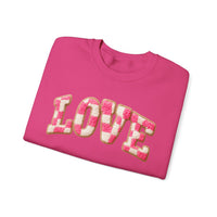Faux Crochet Checkered LOVE – Gildan Heavy Blend | Trendy Women’s Soft Sweatshirt. Direct to Garment. Printed & Shipped in the USA. Unisex Sizes.