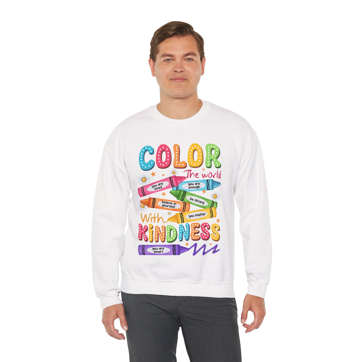 Color the World With Kindness Crayons, Great Teacher Gift – Gildan Heavy Blend | Trendy Women’s and Men's Soft Sweatshirt. Direct to Garment. Printed & Shipped in the USA. Unisex Sizes.