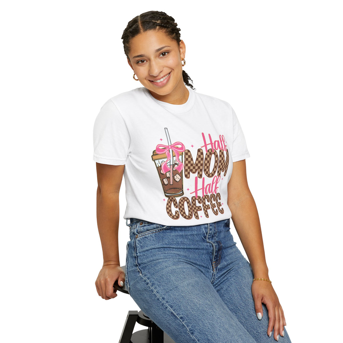 Half Mom Half Coffee. Cute Leopard Print Coffee Design - Comfort Colors | Trendy Women's T-Shirt. Direct to Garment. Printed & Shipped in the USA. Unisex Sizes.