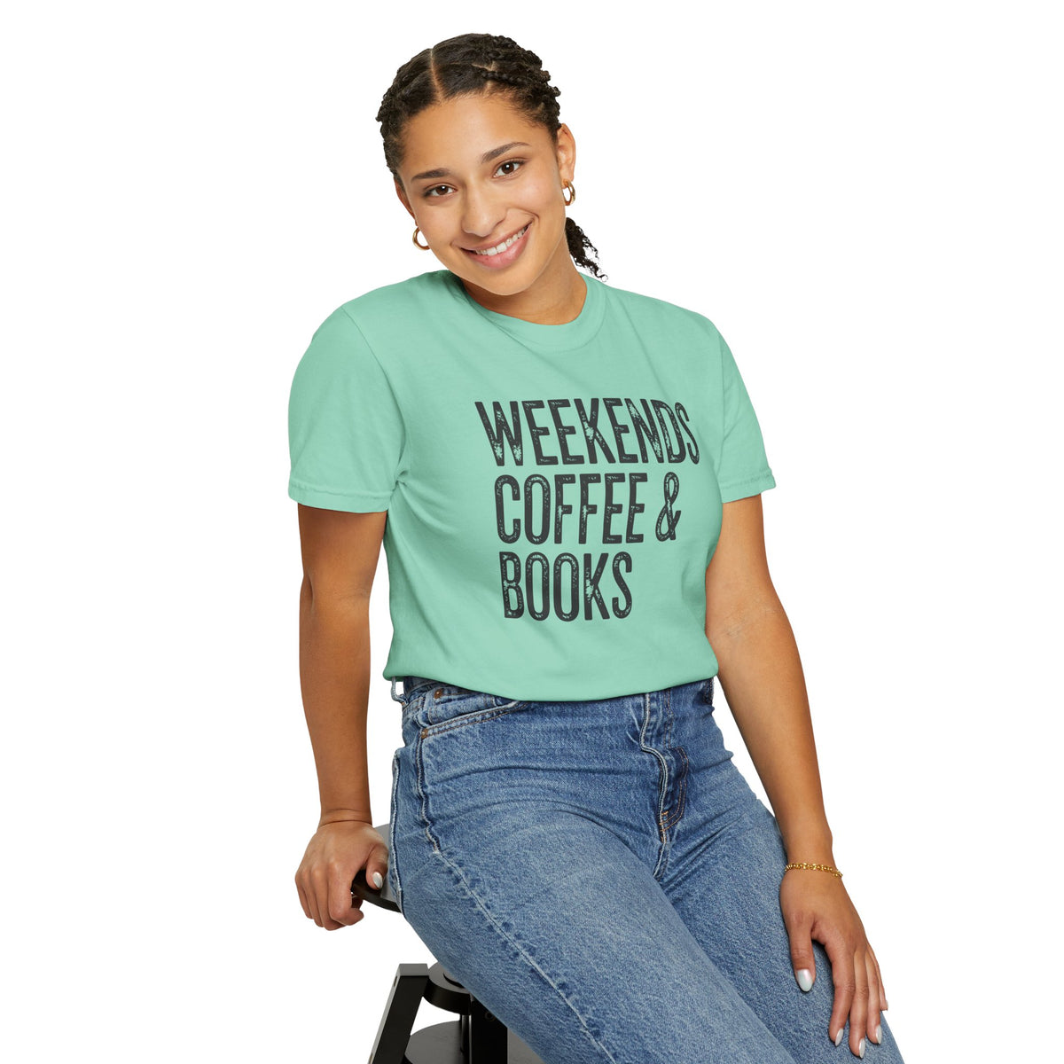 Weekends, Coffee & Books - Comfort Colors | Trendy Women's and Men's T-Shirt. Direct to Garment. Printed & Shipped in the USA. Unisex Sizes.