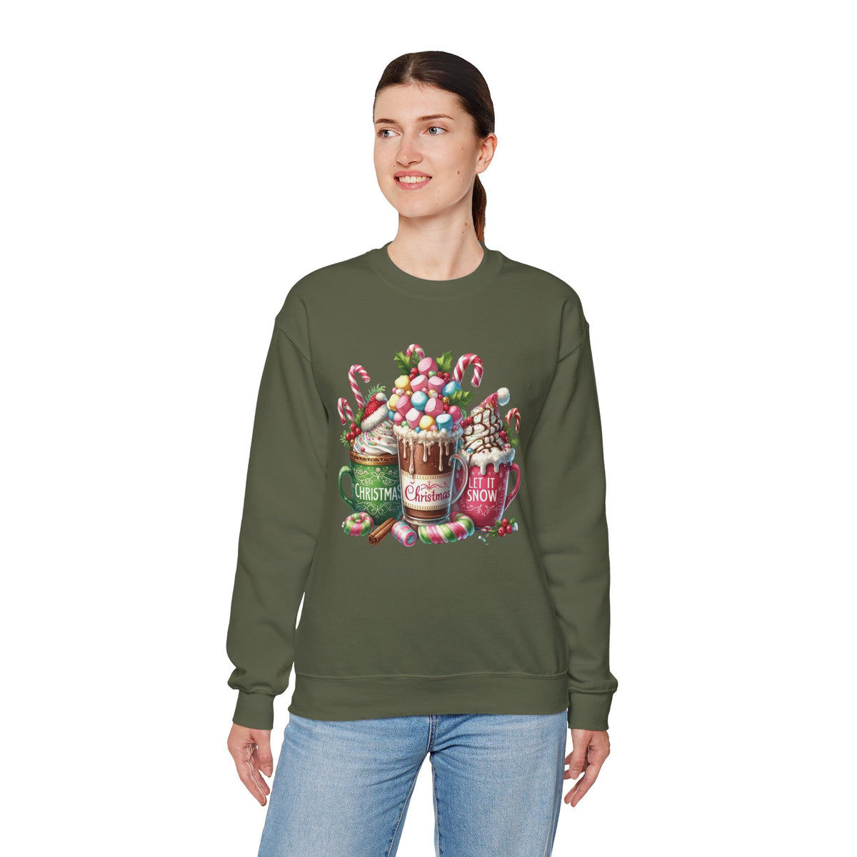 Hot Chocolate Mugs Christmas Hot Cocoa – Gildan Heavy Blend | Trendy Women’s Soft Sweatshirt. Direct to Garment. Printed & Shipped in the USA. Unisex Sizes.