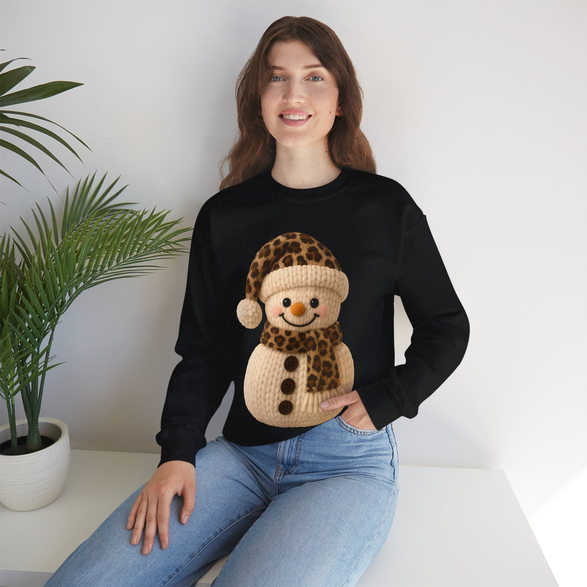 Cute Leopard Faux Knit Snowman Winter – Gildan Heavy Blend | Trendy Women’s Soft Sweatshirt. Direct to Garment. Printed & Shipped in the USA. Unisex Sizes.