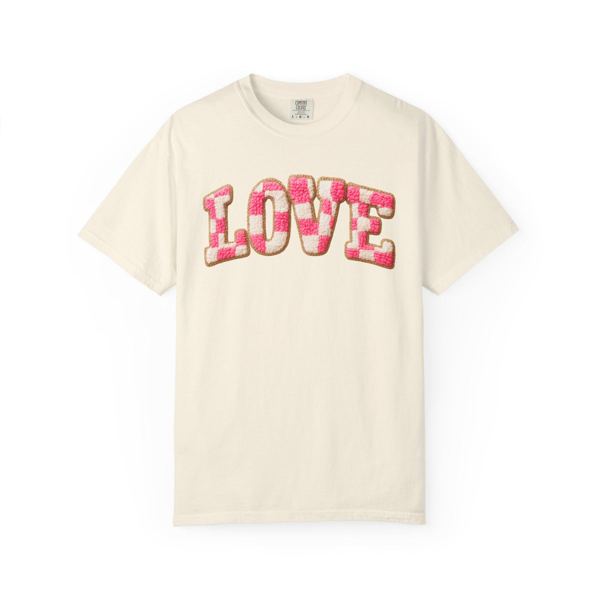 Faux Crochet Checkered LOVE - Comfort Colors | Trendy Women's T-Shirt. Direct to Garment. Printed & Shipped in the USA. Unisex Sizes.