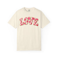 Faux Crochet Checkered LOVE - Comfort Colors | Trendy Women's T-Shirt. Direct to Garment. Printed & Shipped in the USA. Unisex Sizes.