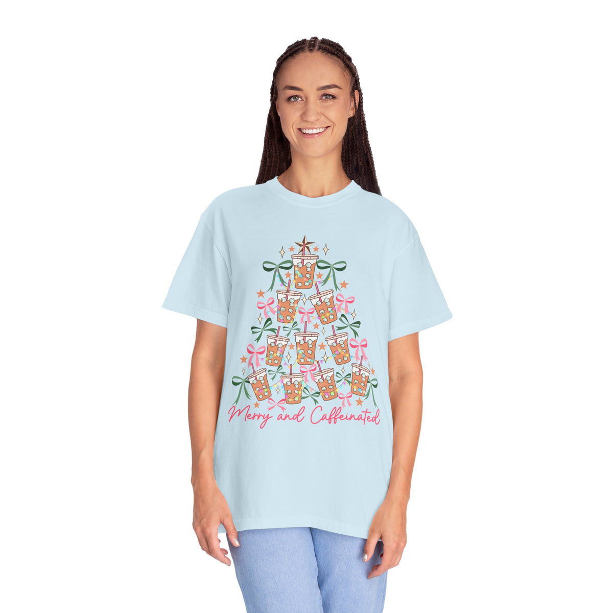 Merry and Caffeinated Iced Coffee Christmas Tree - Comfort Colors | Trendy Women's T-Shirt. Direct to Garment. Printed & Shipped in the USA. Unisex Sizes.