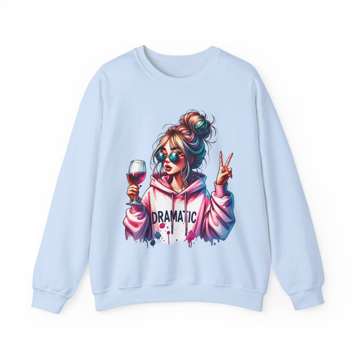 Dramatic Girl With Wine Messy Bun Peace Sign – Gildan Heavy Blend | Trendy Women’s Soft Sweatshirt. Direct to Garment. Printed & Shipped in the USA. Unisex Sizes.