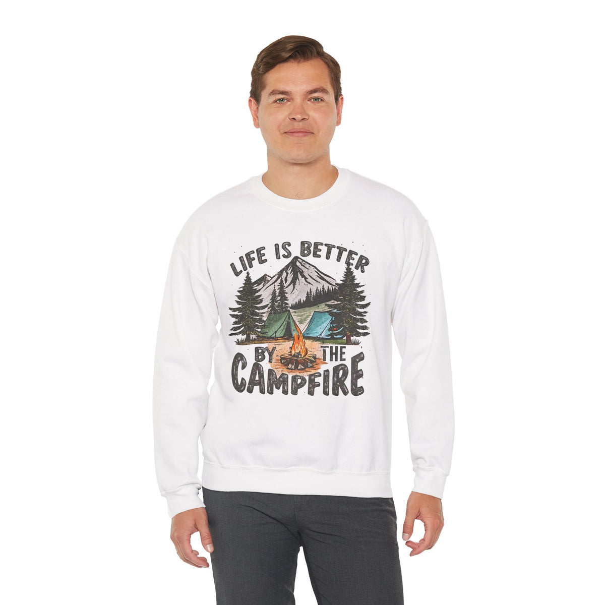 Life is Better By the Campfire – Gildan Heavy Blend | Trendy Women’s and Men's Soft Sweatshirt. Direct to Garment. Printed & Shipped in the USA. Unisex Sizes.