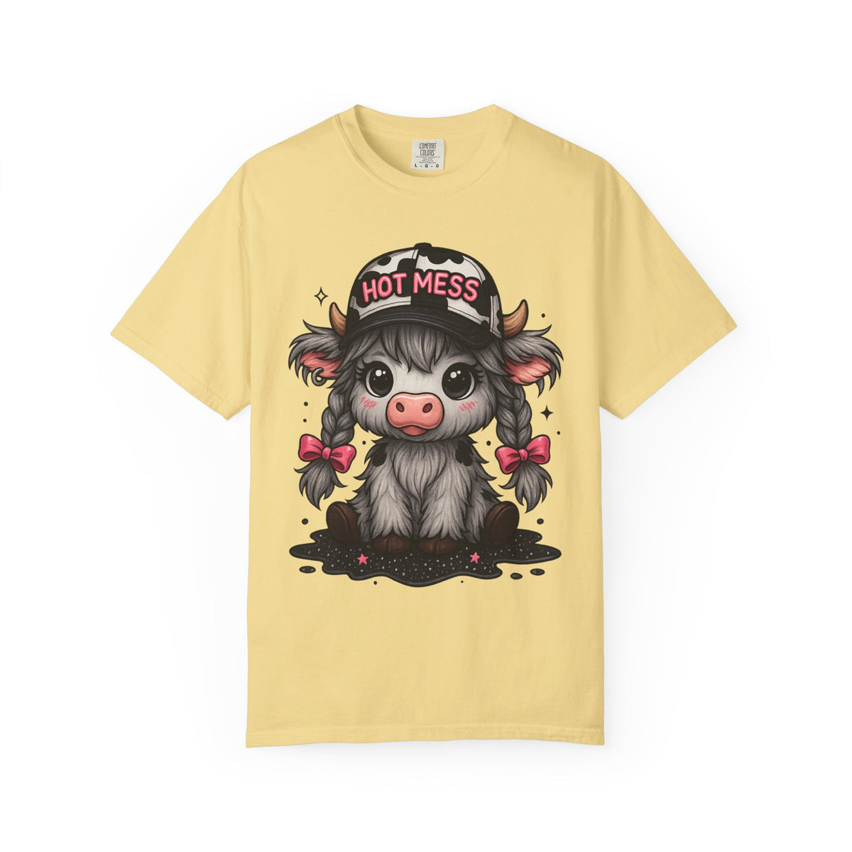 Cute Highland Cow 'Hot Mess' In Braids  - Comfort Colors | Trendy Women's T-Shirt. Direct to Garment. Printed & Shipped in the USA. Unisex Sizes.