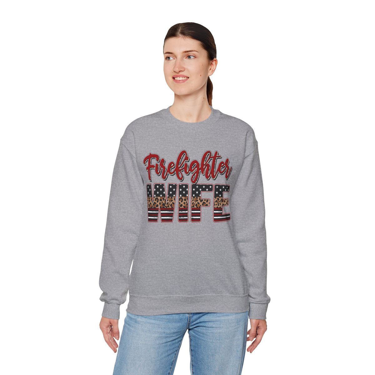 Firefighter Wife Patriotic Flag Lettering for Firefighter Spouse – Gildan Heavy Blend | Trendy Women’s Soft Sweatshirt. Direct to Garment. Printed & Shipped in the USA. Unisex Sizes.
