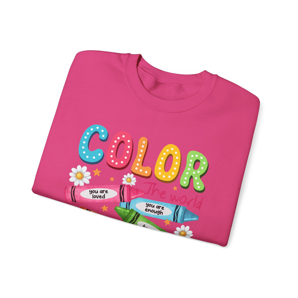 Color the World With Kindness Crayons, Great Teacher Gift – Gildan Heavy Blend | Trendy Women’s and Men's Soft Sweatshirt. Direct to Garment. Printed & Shipped in the USA. Unisex Sizes.
