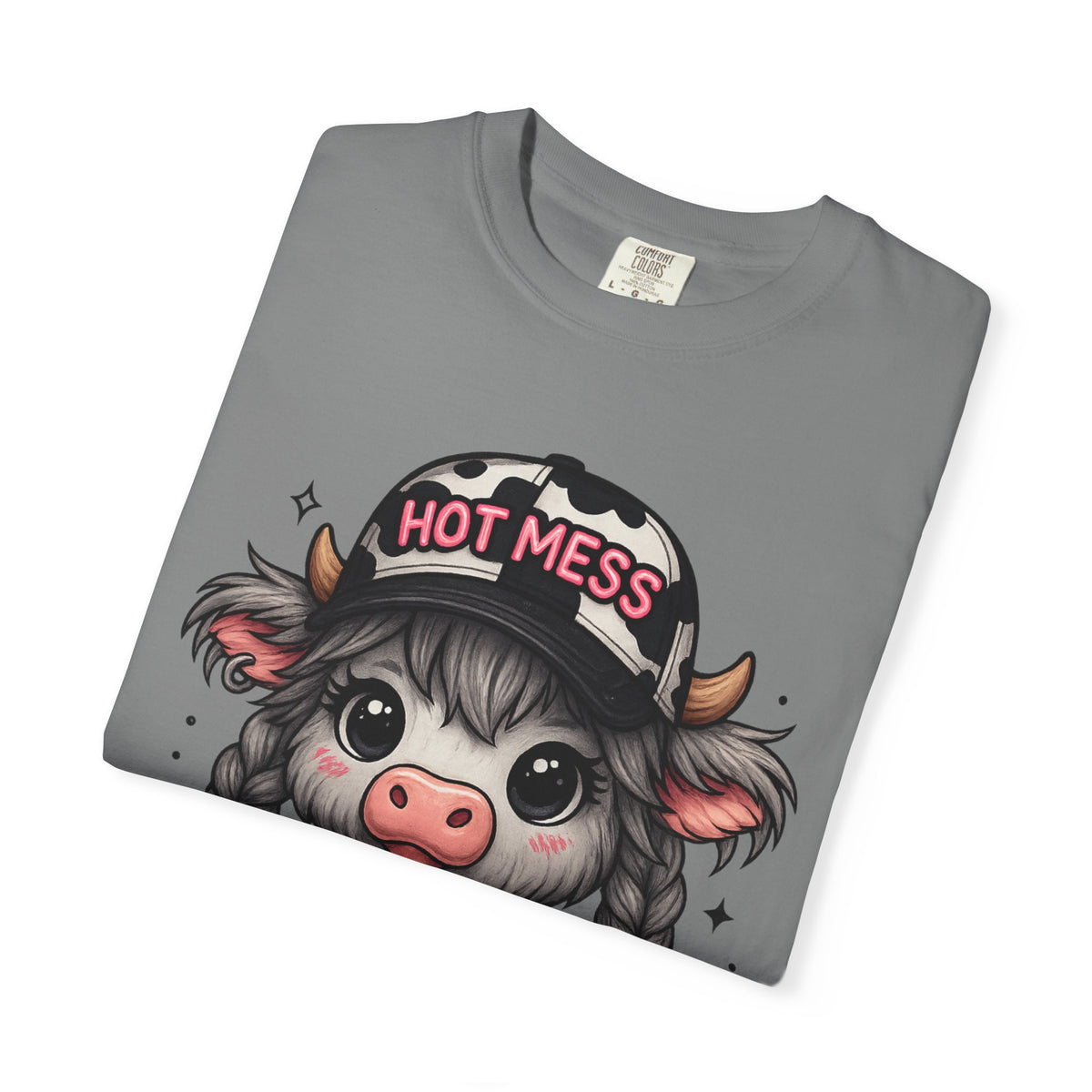 Cute Highland Cow 'Hot Mess' In Braids  - Comfort Colors | Trendy Women's T-Shirt. Direct to Garment. Printed & Shipped in the USA. Unisex Sizes.