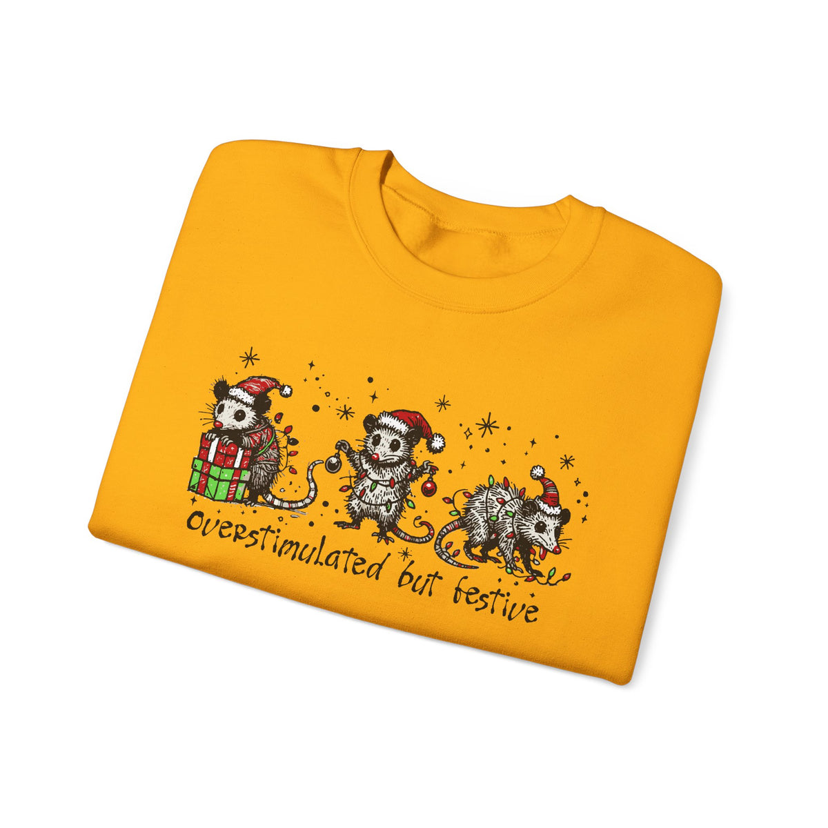 Overstimulated But Festive Christmas Possums – Gildan Heavy Blend | Trendy Women’s and Men's Soft Sweatshirt. Direct to Garment. Printed & Shipped in the USA. Unisex Sizes.