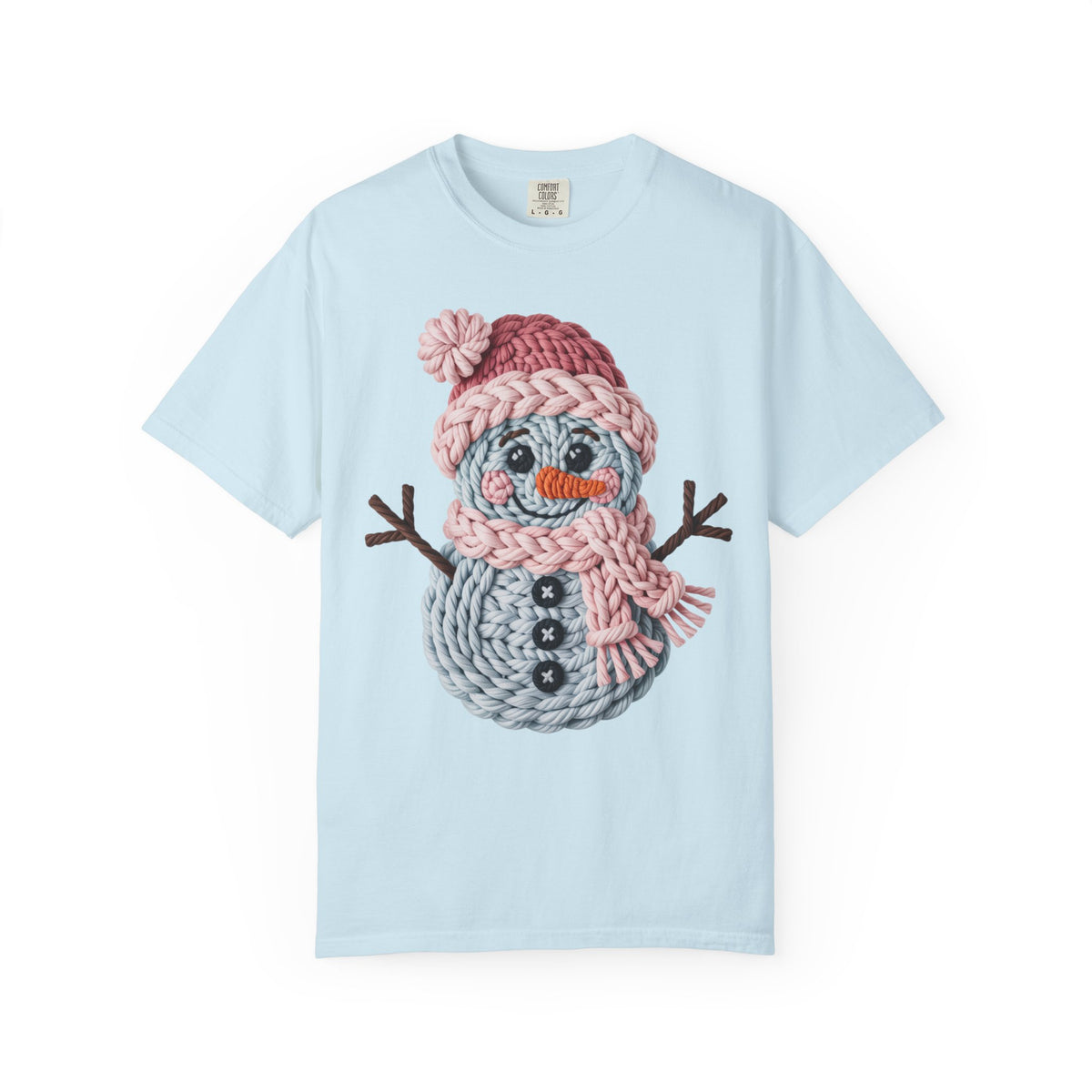 Cute Yarn Snowman - Pink Scarf - Comfort Colors | Trendy Women's T-Shirt. Direct to Garment. Printed & Shipped in the USA. Unisex Sizes.