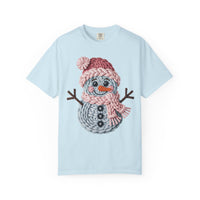 Cute Yarn Snowman - Pink Scarf - Comfort Colors | Trendy Women's T-Shirt. Direct to Garment. Printed & Shipped in the USA. Unisex Sizes.