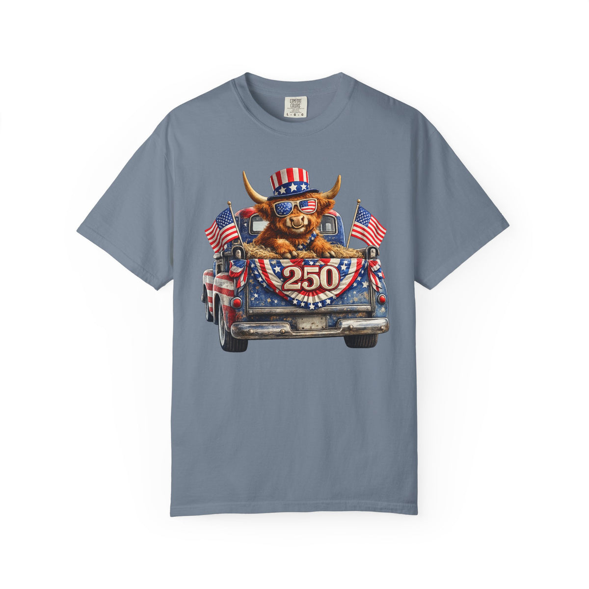 Patriotic Highland, America's 250th Birthday - Comfort Colors | Trendy Women's and Men's T-Shirt. Direct to Garment. Printed & Shipped in the USA. Unisex Sizes.