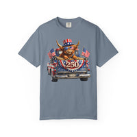 Patriotic Highland, America's 250th Birthday - Comfort Colors | Trendy Women's and Men's T-Shirt. Direct to Garment. Printed & Shipped in the USA. Unisex Sizes.