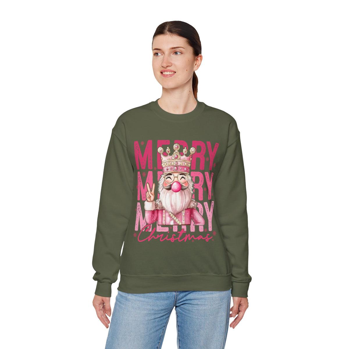 Merry Christmas - Cute Pink Bubblegum Nutcracker – Gildan Heavy Blend | Trendy Women’s Soft Sweatshirt. Direct to Garment. Printed & Shipped in the USA. Unisex Sizes.