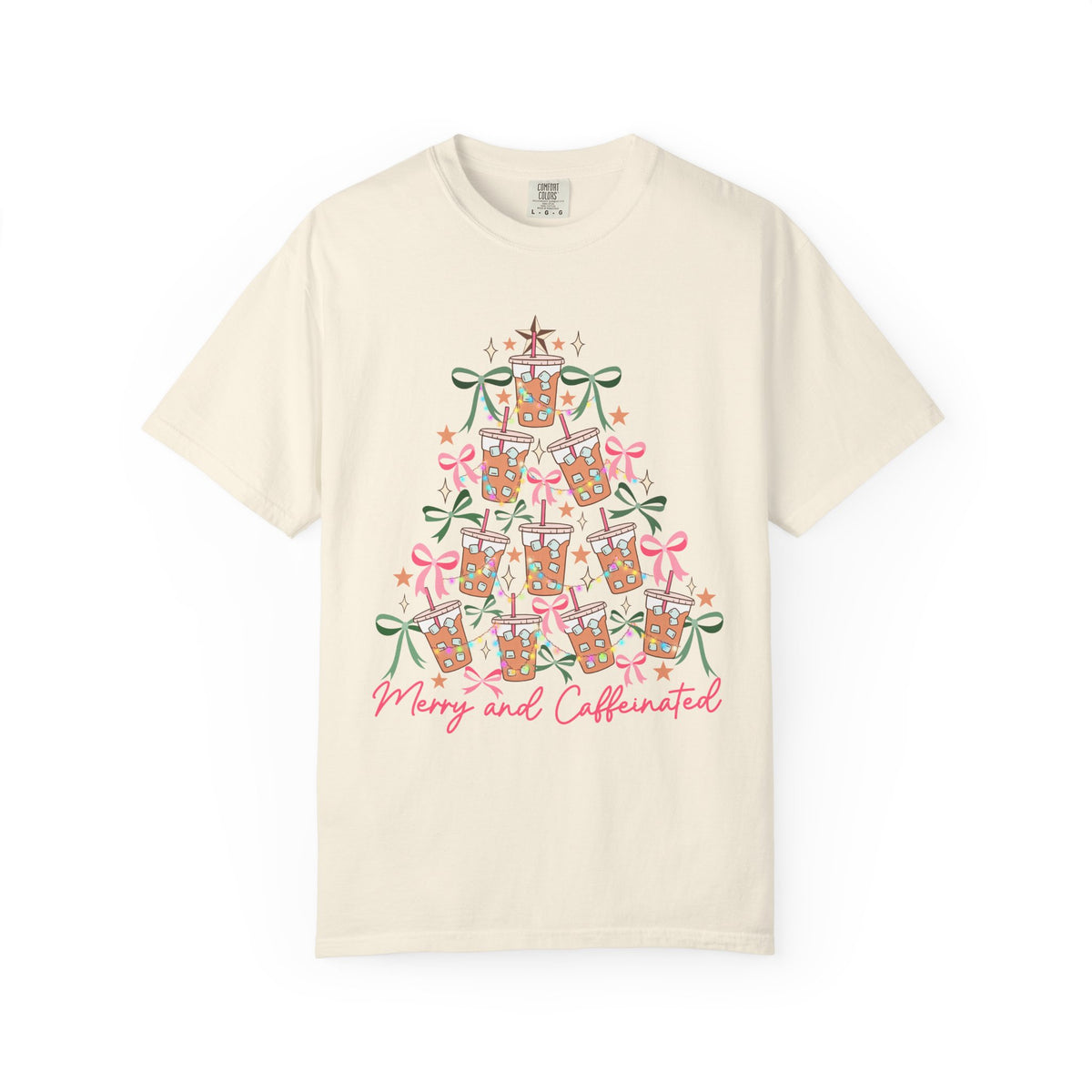 Merry and Caffeinated Iced Coffee Christmas Tree - Comfort Colors | Trendy Women's T-Shirt. Direct to Garment. Printed & Shipped in the USA. Unisex Sizes.