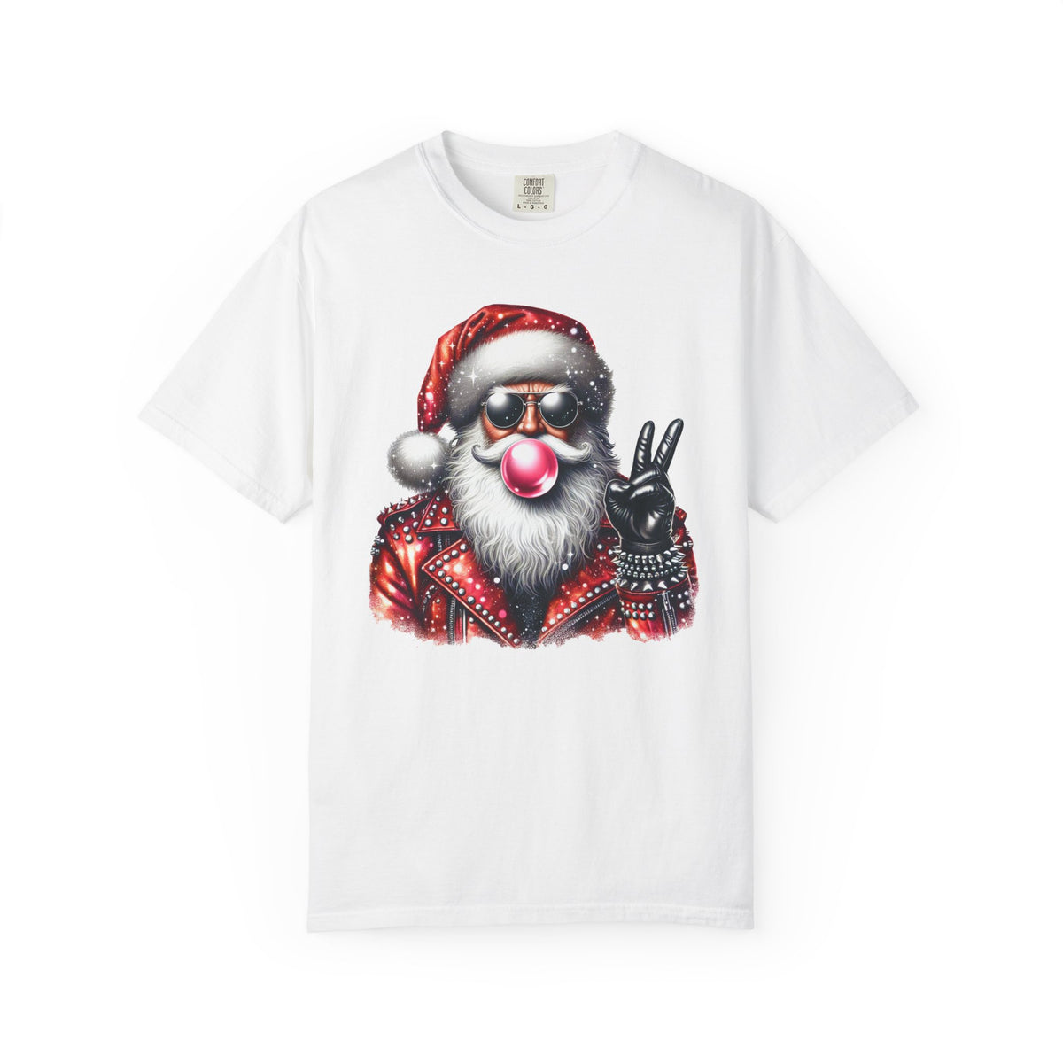 Biker Santa Leather Jacket Bubblegum - Comfort Colors | Trendy Women's and Men's T-Shirt. Direct to Garment. Printed & Shipped in the USA. Unisex Sizes.