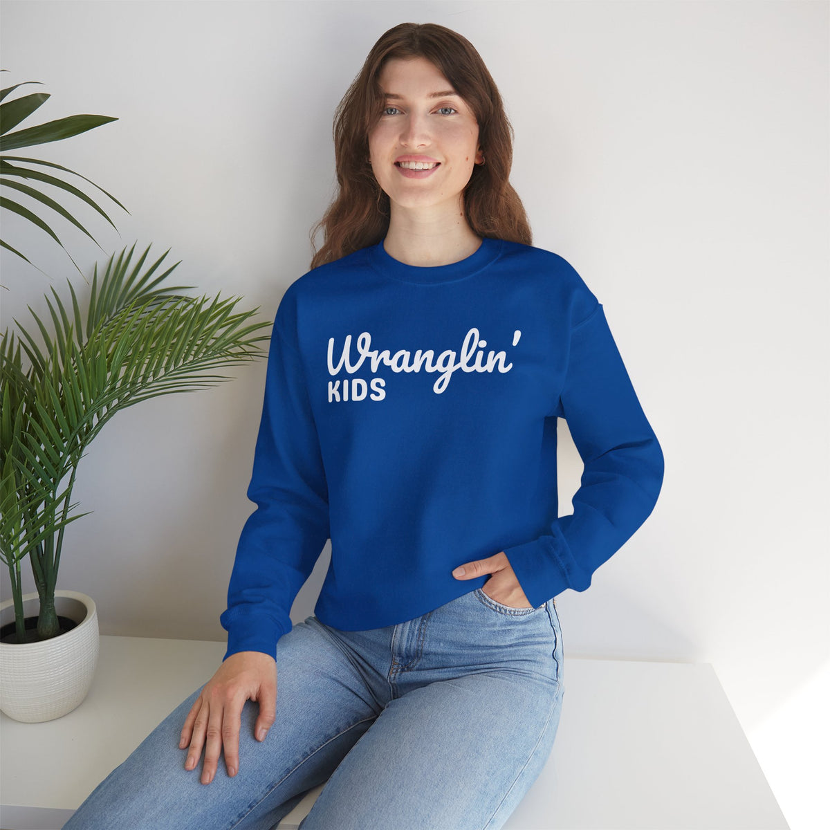Wranglin' Kids Funny Mom Dad – Gildan Heavy Blend | Trendy Women’s and Men's Soft Sweatshirt. Direct to Garment. Printed & Shipped in the USA. Unisex Sizes.