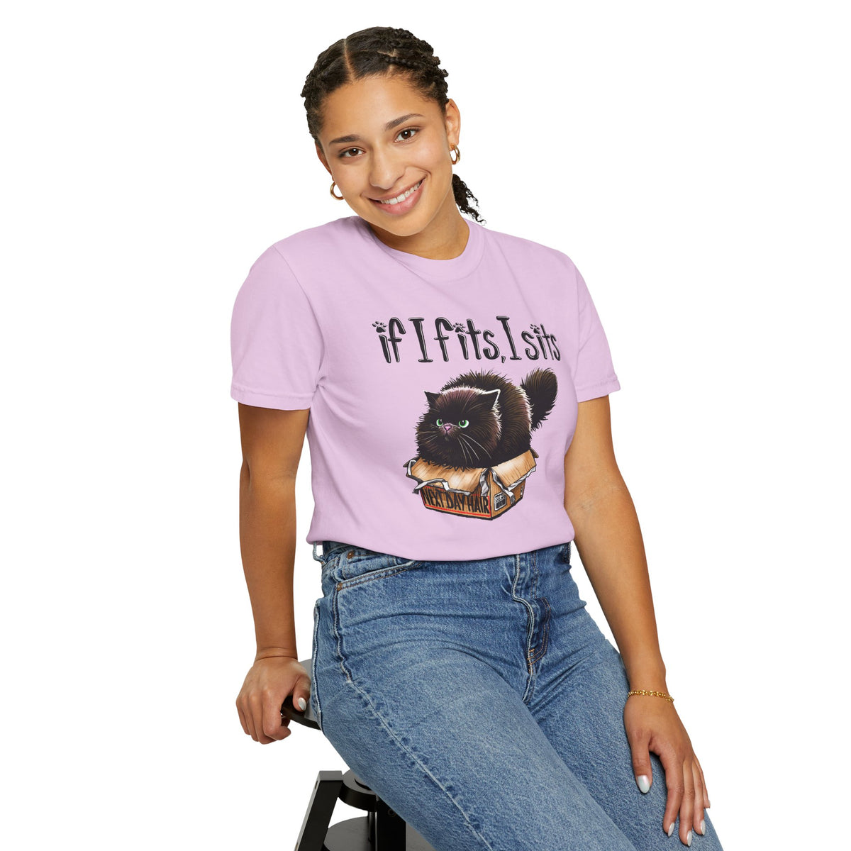If I Fits I Sits, Cat in a Box - Comfort Colors | Trendy Women's and Men's T-Shirt. Direct to Garment. Printed & Shipped in the USA. Unisex Sizes.