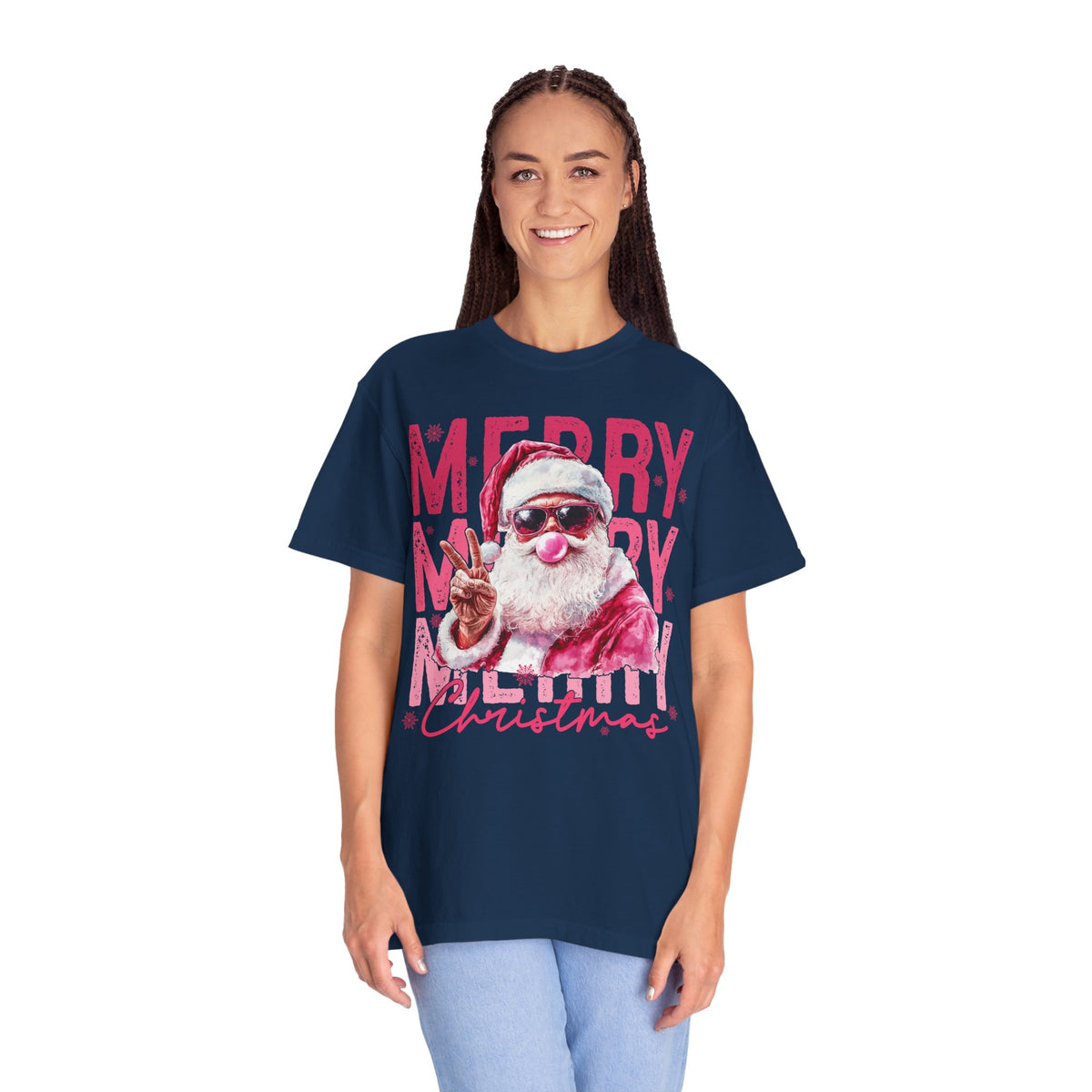 Pink Merry Christmas Bubblegum Santa - Comfort Colors | Trendy Women's T-Shirt. Direct to Garment. Printed & Shipped in the USA. Unisex Sizes.