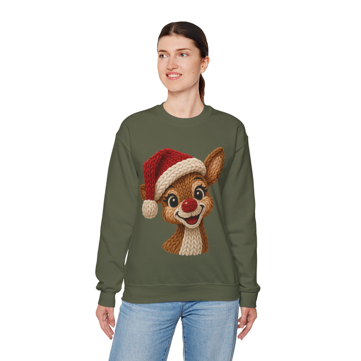 Cute Rudolph Faux Knit Look Reindeer w/Santa Hat – Gildan Heavy Blend | Trendy Women’s Soft Sweatshirt. Direct to Garment. Printed & Shipped in the USA. Unisex Sizes.