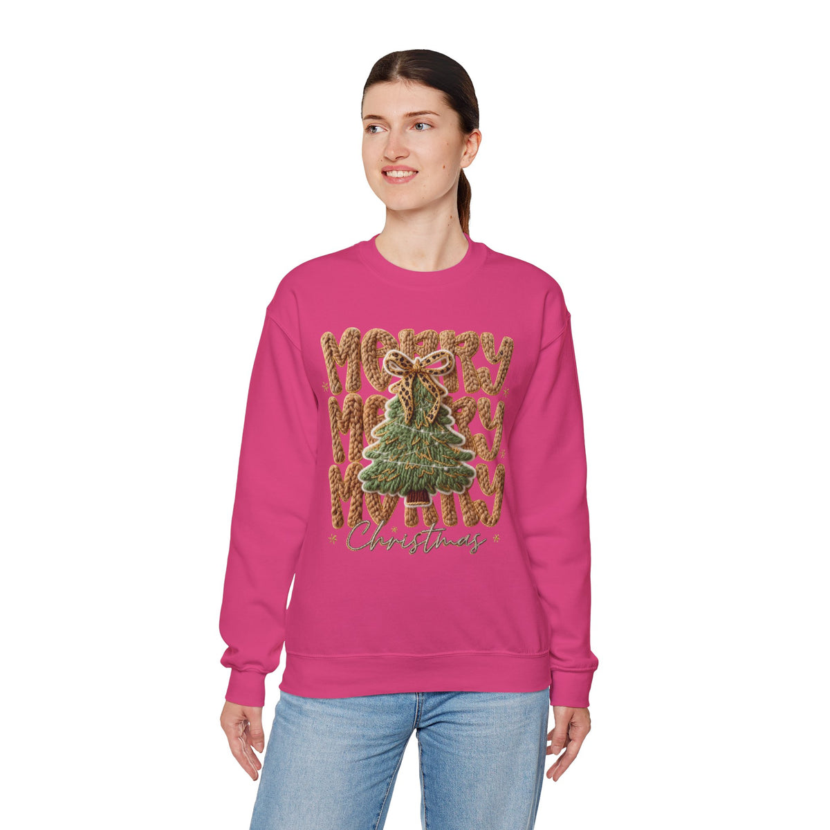 Merry Merry Merry Christmas, Faux Latch Hook Yarn – Gildan Heavy Blend | Trendy Women’s Soft Sweatshirt. Direct to Garment. Printed & Shipped in the USA. Unisex Sizes.