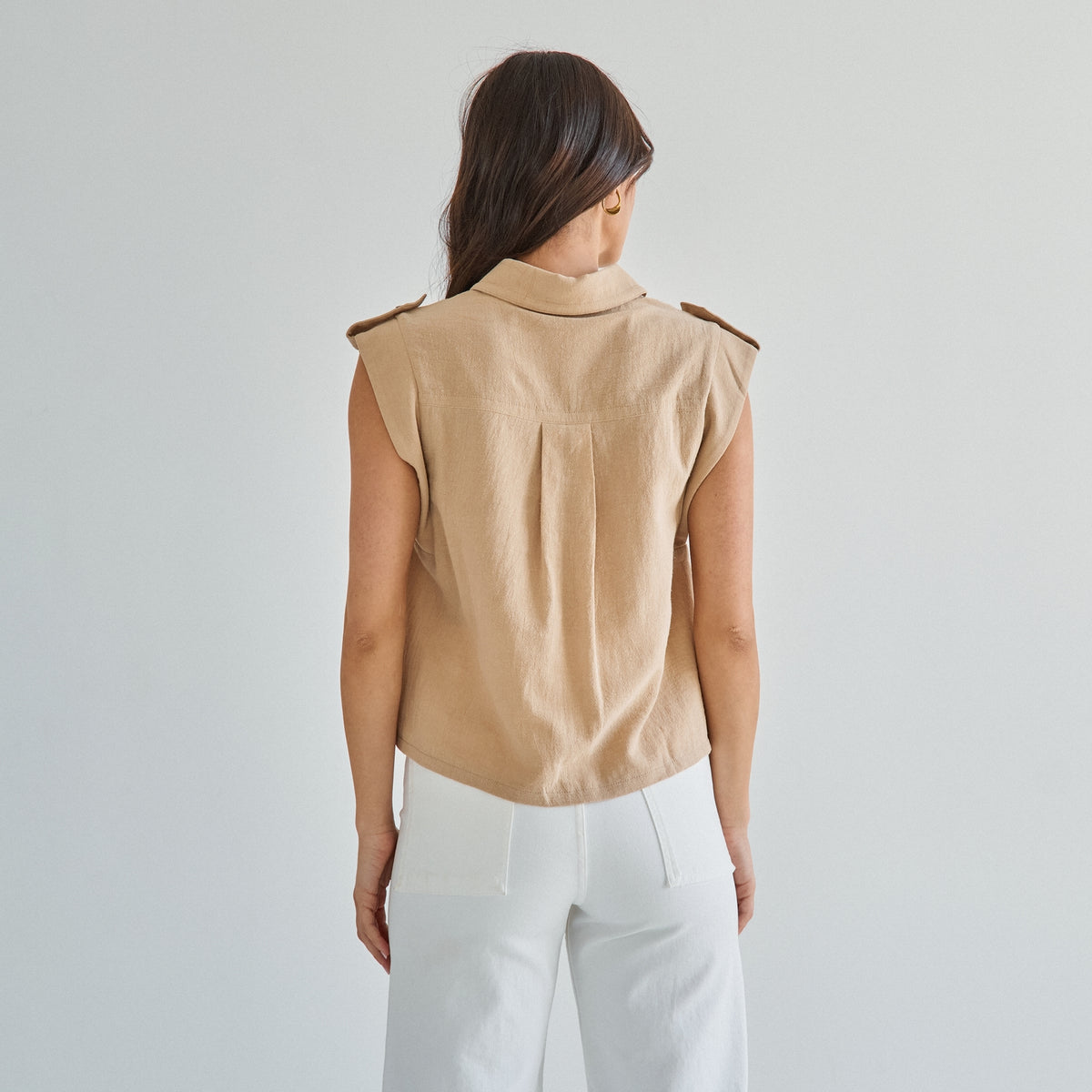 Sleeveless Button 100% Cotton Beige Top w/Extra Side Bra Coverage