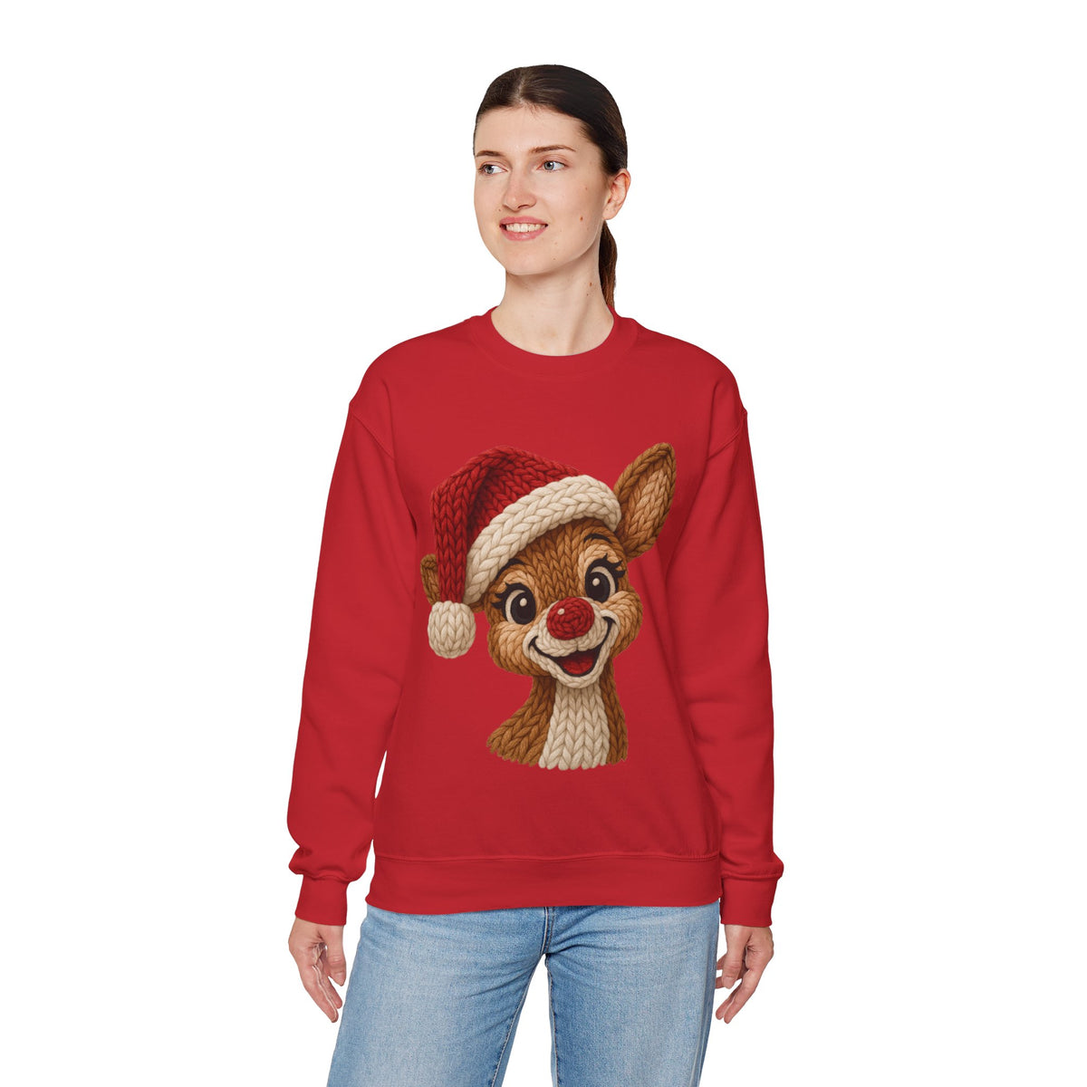 Cute Rudolph Faux Knit Look Reindeer w/Santa Hat – Gildan Heavy Blend | Trendy Women’s Soft Sweatshirt. Direct to Garment. Printed & Shipped in the USA. Unisex Sizes.