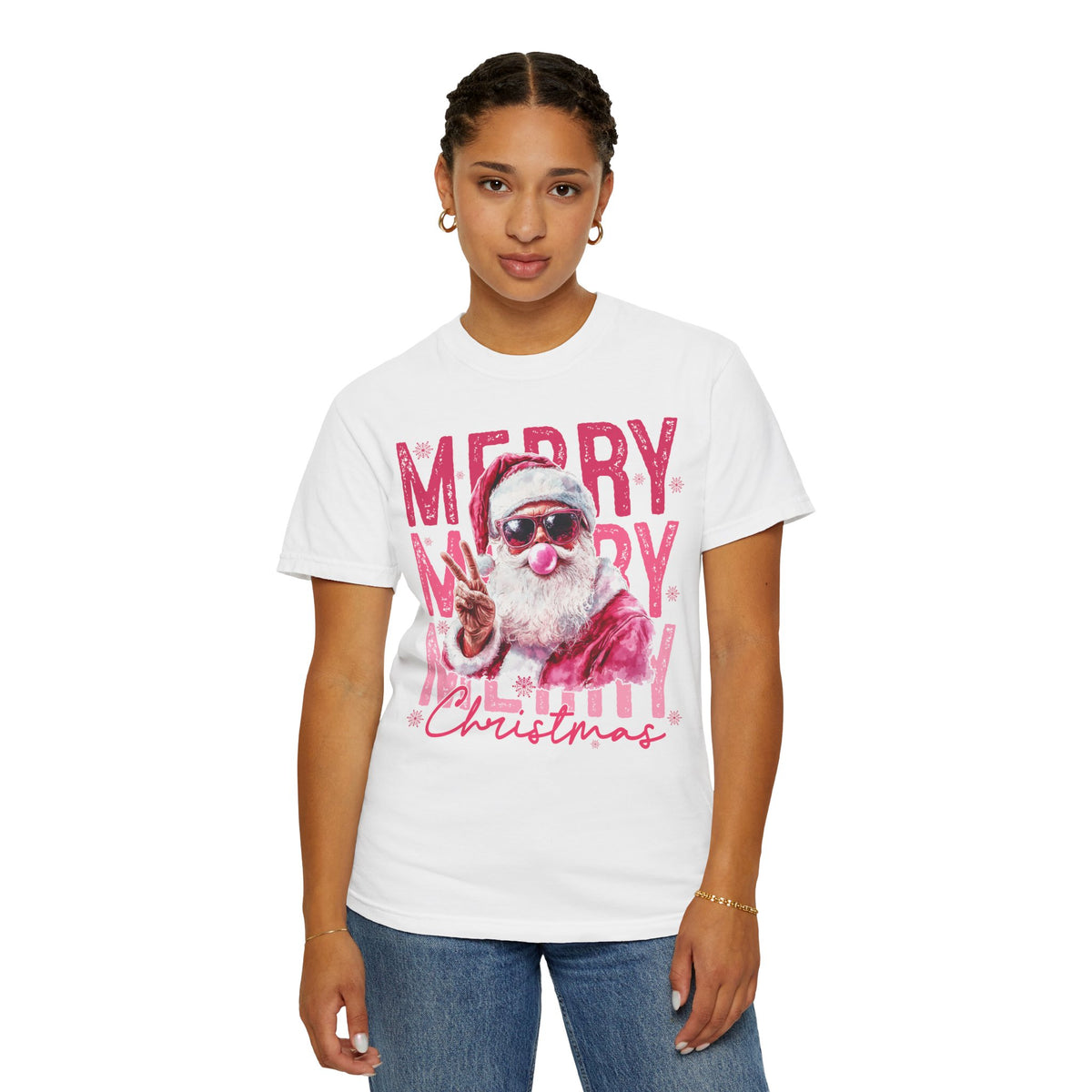 Pink Merry Christmas Bubblegum Santa - Comfort Colors | Trendy Women's T-Shirt. Direct to Garment. Printed & Shipped in the USA. Unisex Sizes.