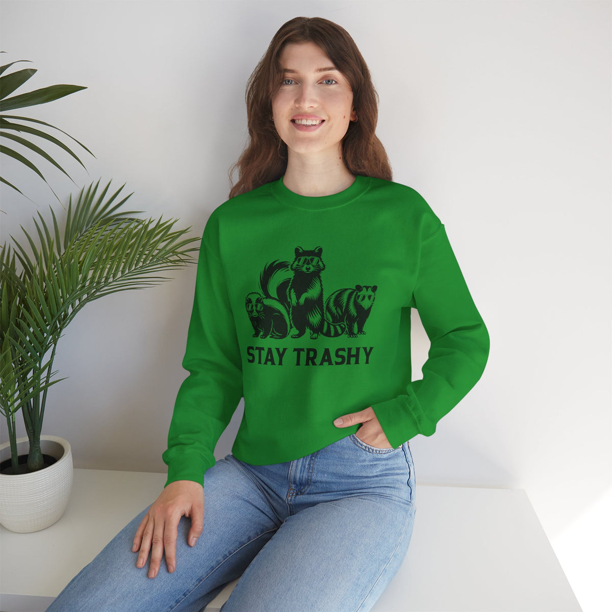 Stay Trashy, Skunk Raccoon Possum – Gildan Heavy Blend | Trendy Women’s and Men's Soft Sweatshirt. Direct to Garment. Printed & Shipped in the USA. Unisex Sizes.