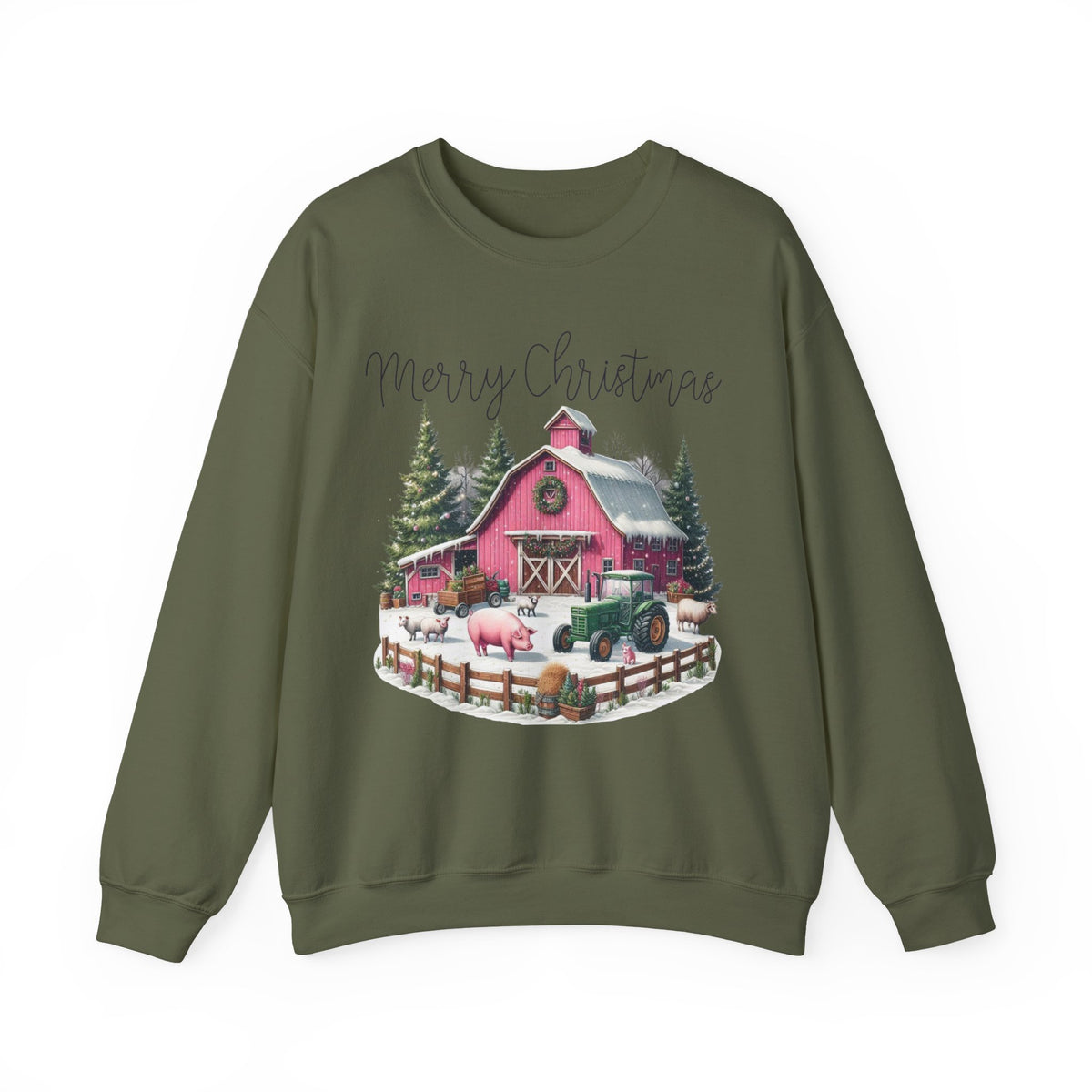 Merry Christmas Pink Barn Farm Animals – Gildan Heavy Blend | Trendy Women’s Soft Sweatshirt. Direct to Garment. Printed & Shipped in the USA. Unisex Sizes.